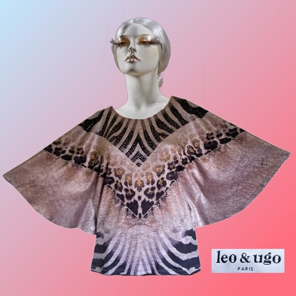 LEO & UGO - PARIS Stylized Animal Pattern Silver Rhinestones Batwing Top Sz L - Picture 1 of 6